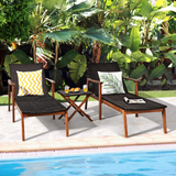 Tangkula 3 Pieces Outdoor Chaise Set, Wicker Rattan Lounge Chair w/Acacia Wood Frame(Mix Brown)