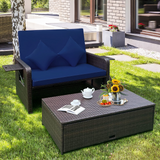 Tangkula Patio Rattan Daybed, Patiojoy Wicker Loveseat Sofa with 4-Postion Adjustable Backrest, Storage Ottoman, Cushions