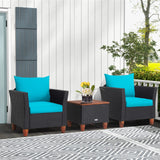 Tangkula 3 Pieces Patio Porch Furniture Set, PE Rattan Wicker Chair Conversation Set with Cushions and Storage Table