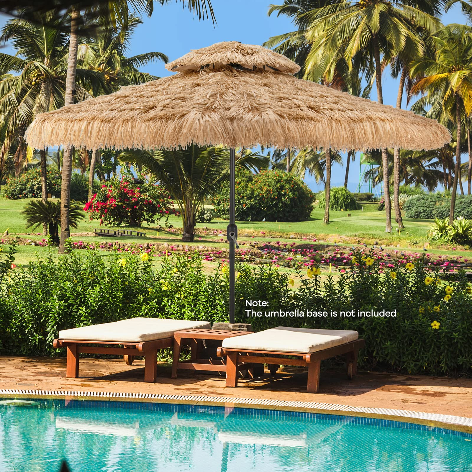 grass patio umbrella Tangkula 10 ft Thatched Patio Umbrella, 2 Tier Hawaiian Style Grass Beach Umbrella with 32 Led Lights