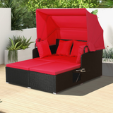 Tangkula Patio Rattan Daybed, Patiojoy Wicker Daybed Loungerw/Retractable Canopy, 2 Foldable Side Panels