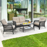 4 Pieces Outdoor Patio Furniture Set, Patiojoy PE Wicker Conversation Sofa Set with Tempered Glass Coffee Table