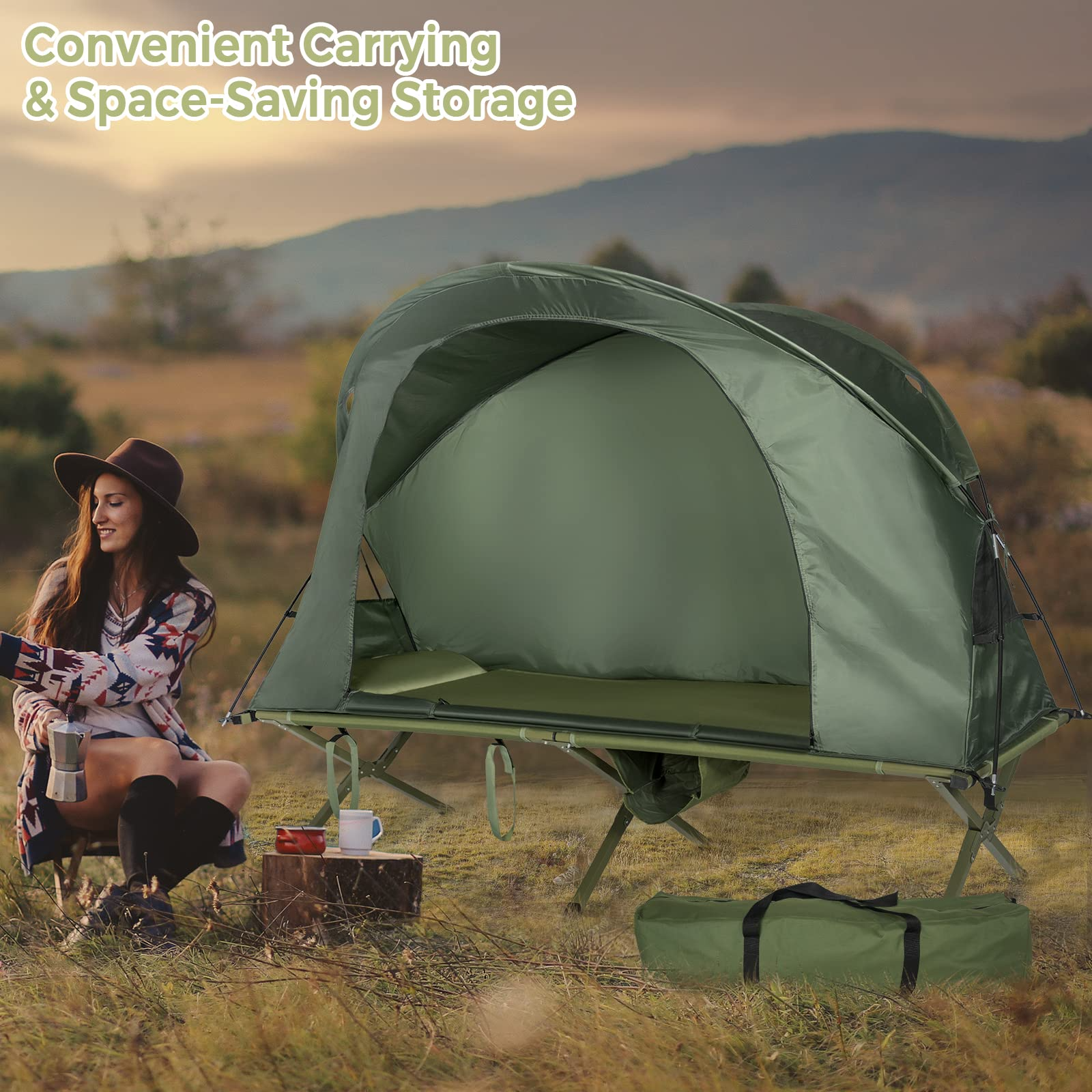 4-in-1 Camping Cot Tent for 1 Person, Foldable Elevated Tent Set