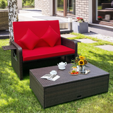 Tangkula Patio Rattan Daybed, Patiojoy Wicker Loveseat Sofa with 4-Postion Adjustable Backrest, Storage Ottoman, Cushions