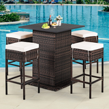 Tangkula 5 Piece Outdoor Rattan Bar Set, Patio Bar Furniture with 4 Cushions Stools and Smooth Top Table