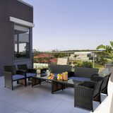 Tangkula 4 Pieces Rattan Furniture Set, Outdoor Conversation Set w/Chair & Loveseat & Tempered Glass Coffee Table