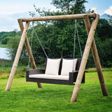 Tangkula 2-Person Wicker Hanging Porch Swing, Patiojoy Outdoor Rattan Swing Bench W/ 2 Back Cushions & 1 Seat Cushion, Sturdy Steel Chain