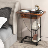 Tangkula C-Shaped End Table for Small Space, Flip-Up Top Side Table with Charging Station