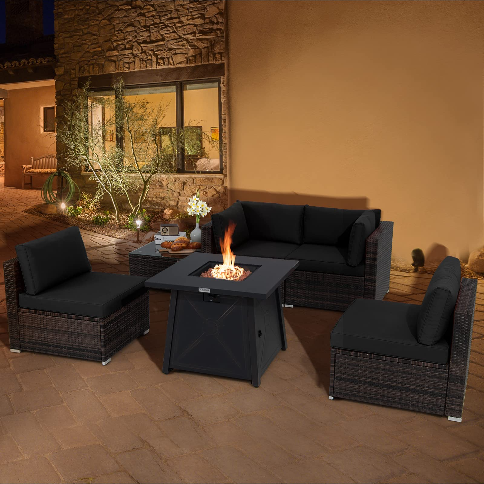 Tangkula 6-Piece Patio Furniture Set with 30" Propane Fire Pit Table