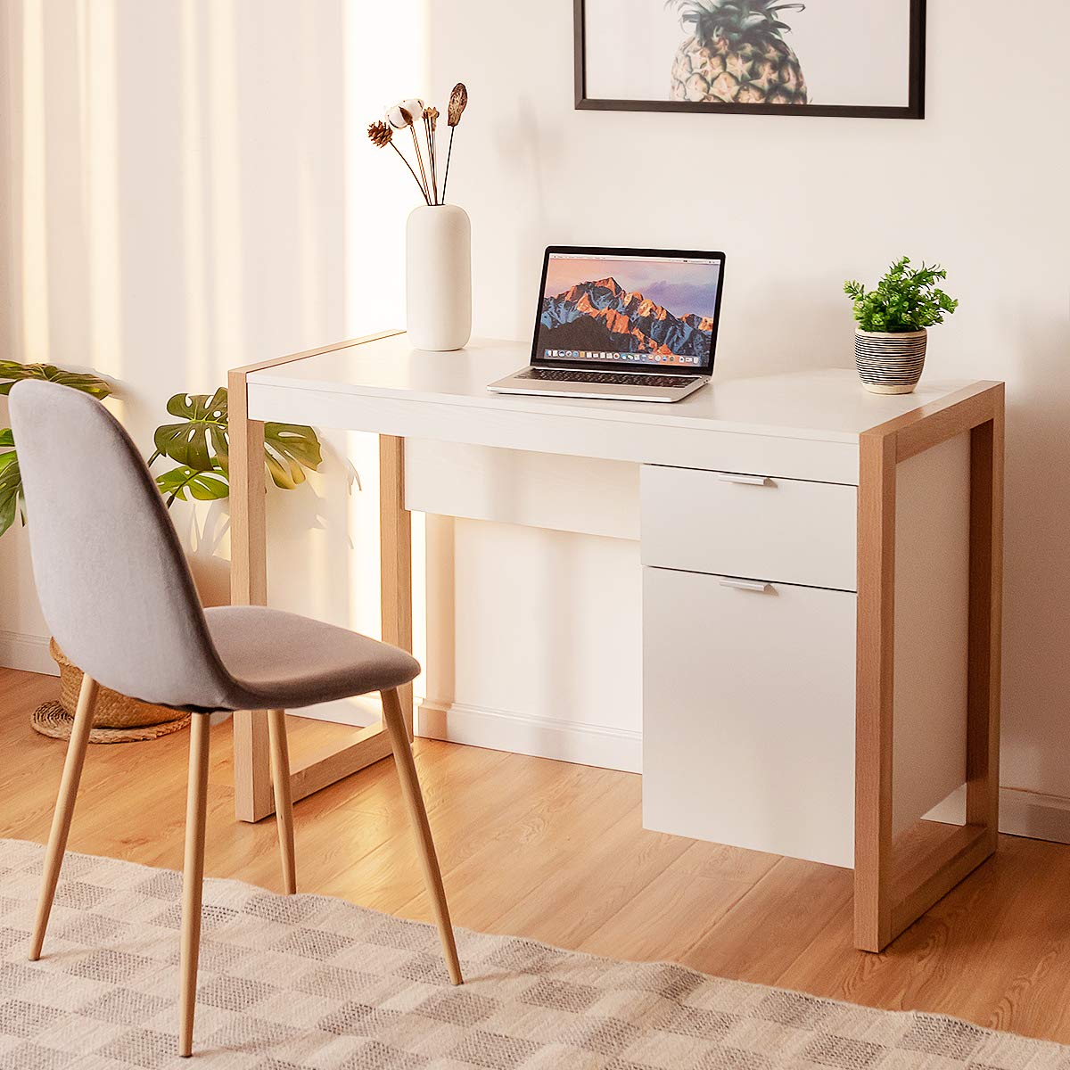 White Computer Desk with Drawer & Cabinet, Wooden Home Office Desk