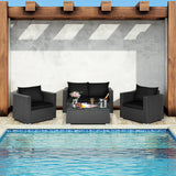 Patio Rattan Conversation Furniture Set, Outdoor Wicker Sofa Set with Padded Cushion & Tempered Glass Coffee Table
