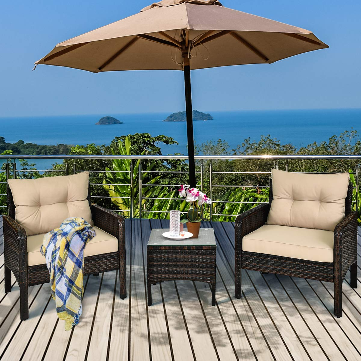 3 piece patio set with umbrella 3-Piece PE Rattan Outdoor Dining Patio Furniture Set with Cushions - 26" x 28" x 29" (L x W x H)
