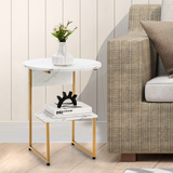 Tangkula White Faux Marble End Table, Modern 2-Tier Side Table with Round Tabletop & Square Shelf, Gold Frame Small Bedside Table