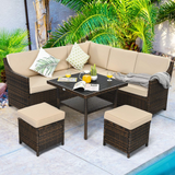 Tangkula Wicker Outdoor Dining Set, 6 Piece PE Rattan Wicker Sectional Corner Sofa Set with Dining Table, 2 Ottomans, Suitable for Garden