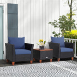 Tangkula 3 Pieces Patio Porch Furniture Set, PE Rattan Wicker Chair Conversation Set with Cushions and Storage Table