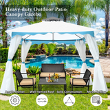 Tangkula 10 x 10 ft Patio Steel Gazebo, Outdoor Canopy Gazebo with Side Walls, Zippers, 2 Tier Vented Roof, Blue Trimming