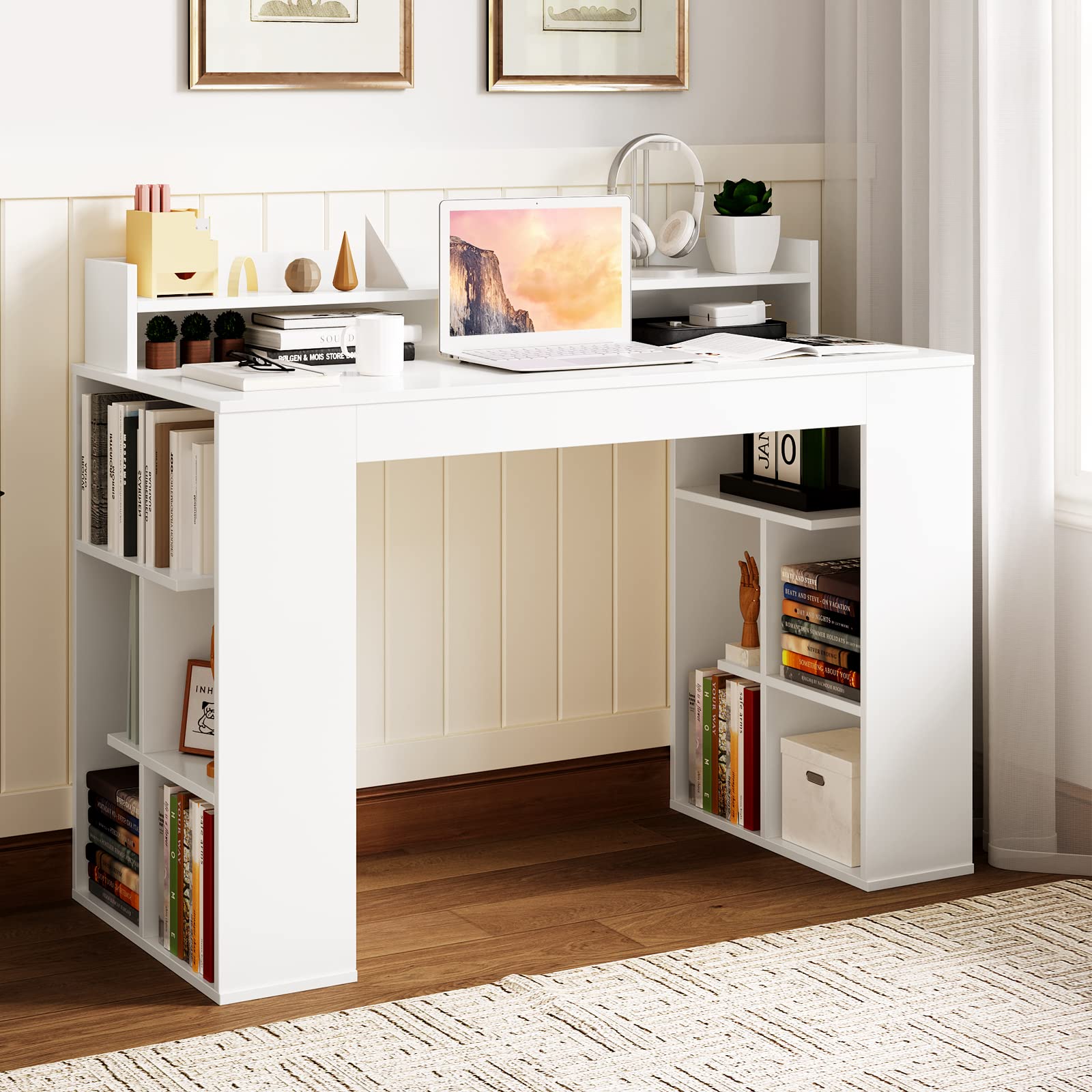 48" White Desk with Storage Bookshelf - Tangkula