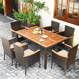 Tangkula 7 Pieces Patio Rattan Dining Set, Outdoor Conversation Set w/Acacia Wood Tabletop & Umbrella Hole, Stackable Chairs w/Soft Cushion