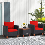 Tangkula 3 Pieces Patio Porch Furniture Set, PE Rattan Wicker Chair Conversation Set with Cushions and Storage Table