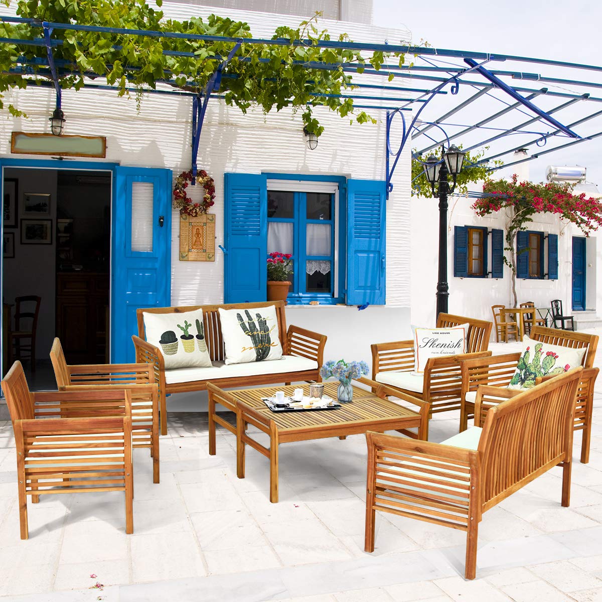 Tangkula 4 or 8 Piece Outdoor Acacia Wood Sofa Set, Padded Patio Conversation Table Chair Set