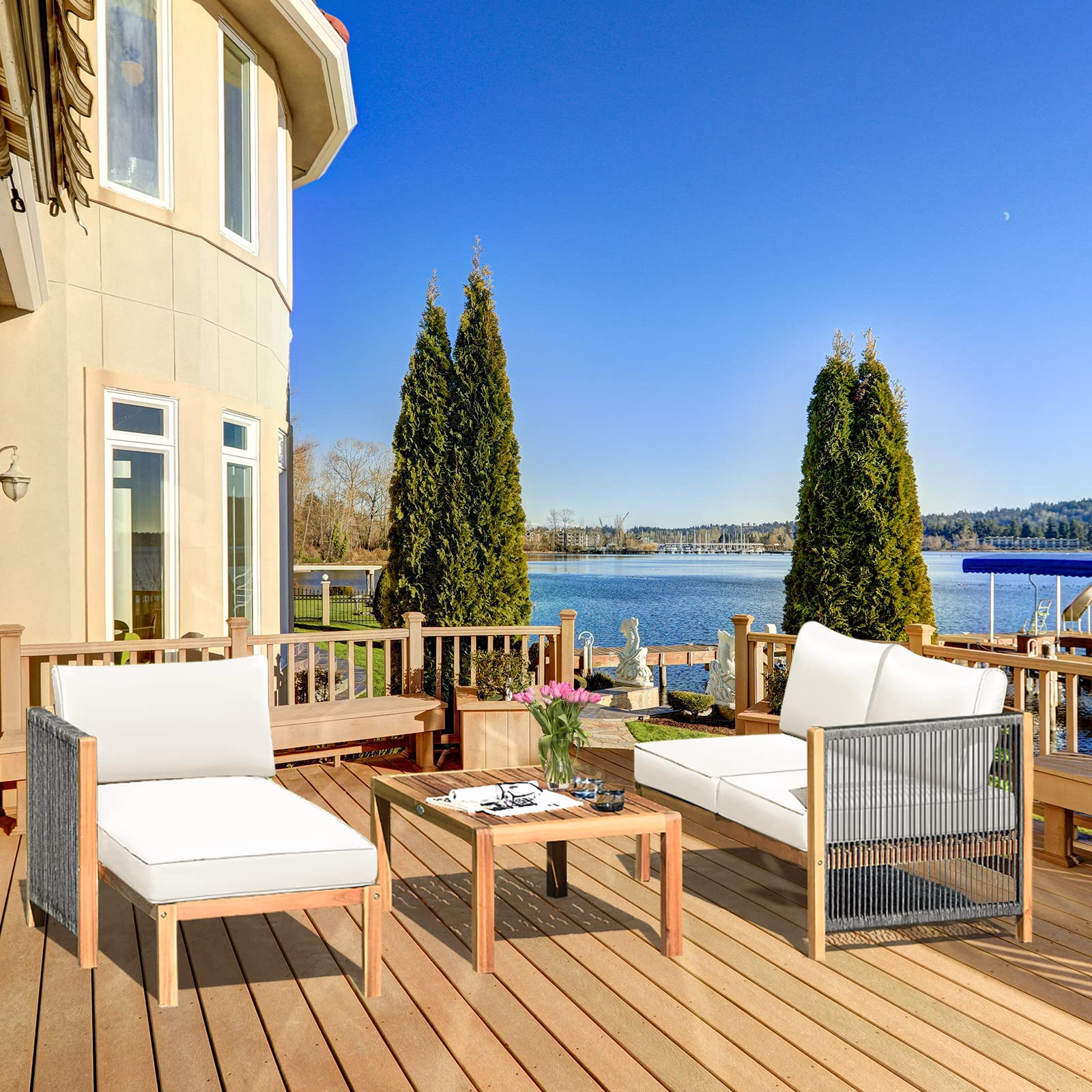 3-Piece L-Shaped Outdoor Furniture Acacia Wood Patio Set