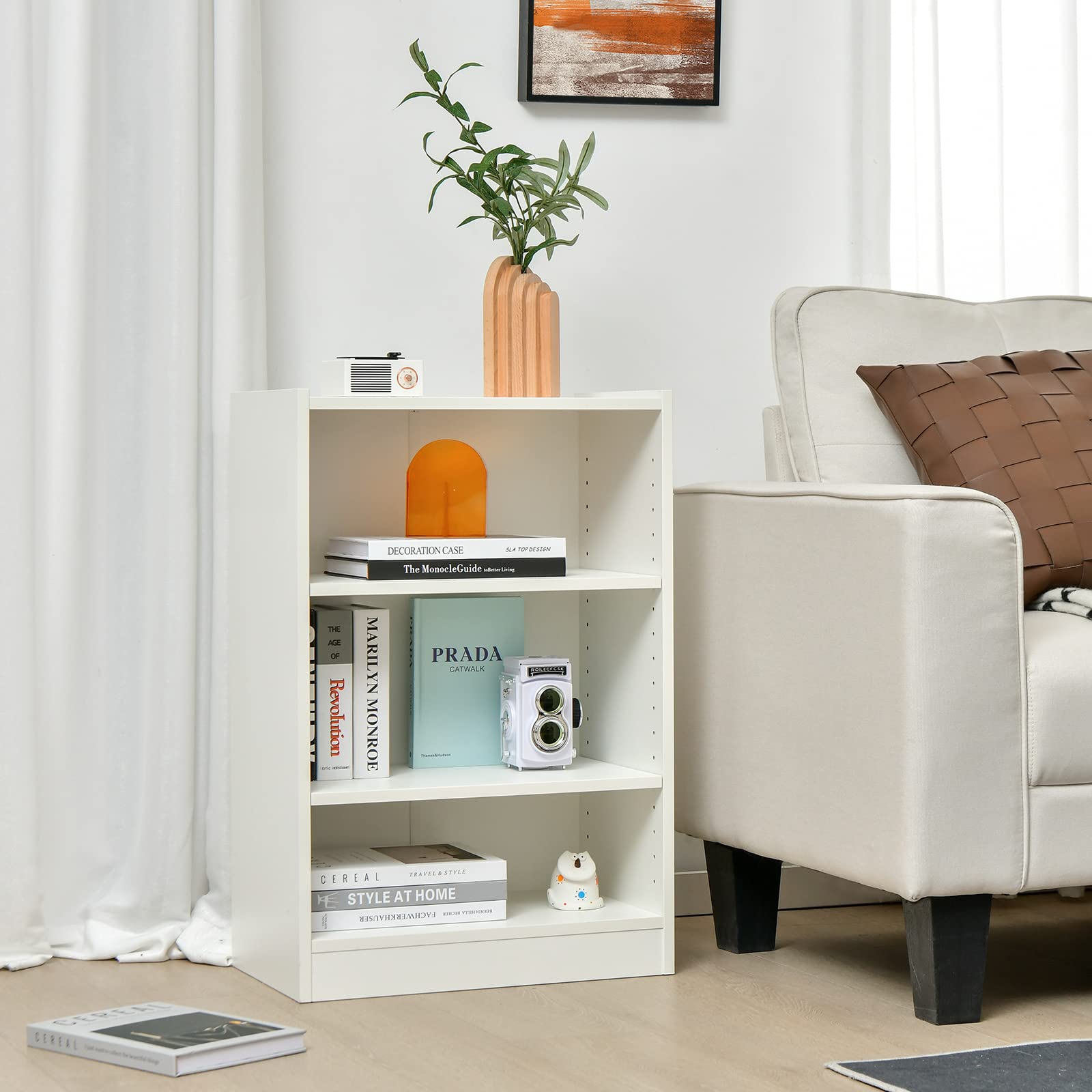 3 Tier Bookcase, Floor Standing Open Bookshelf with 18-Position Adjustable Shelves - Tangkula