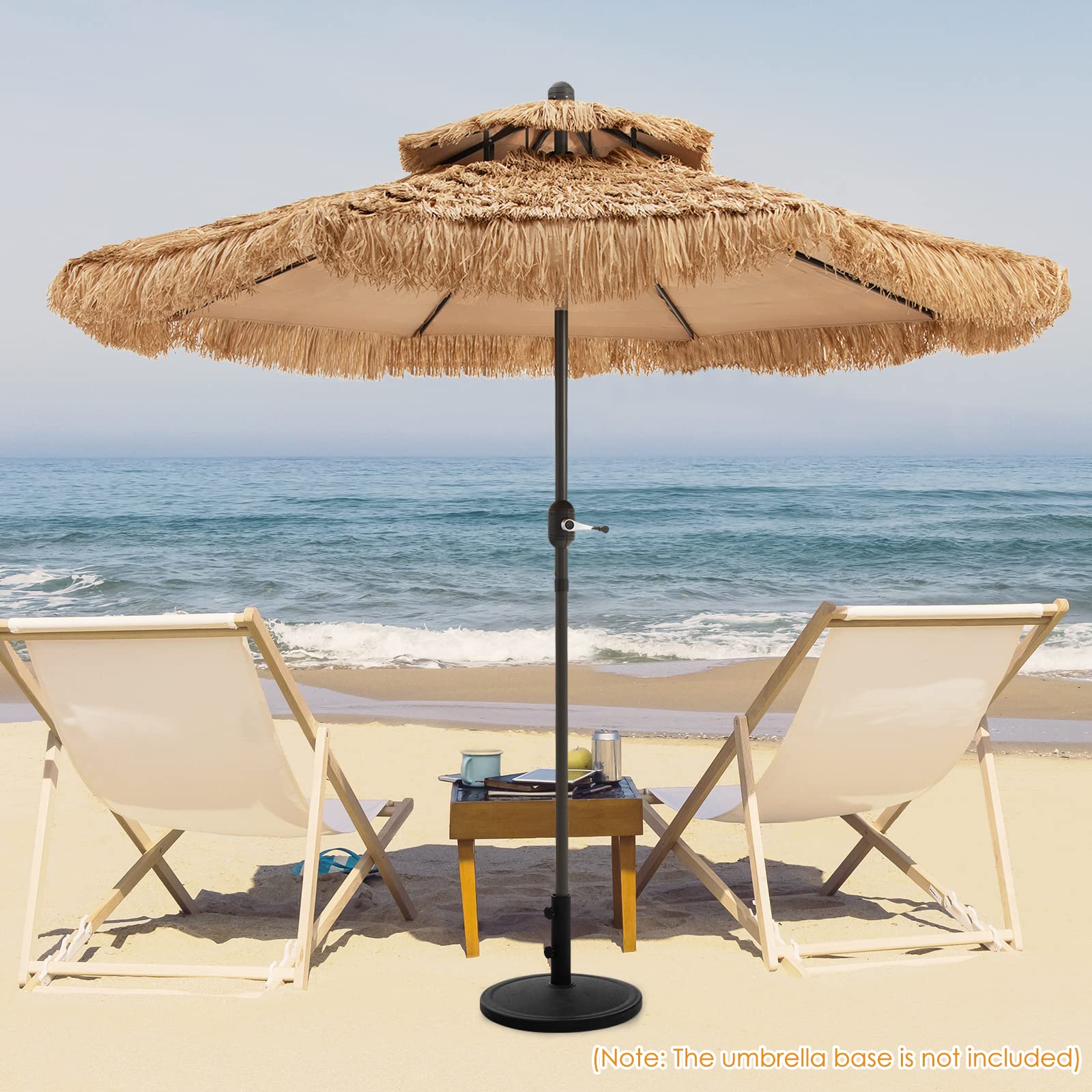 Tangkula 9 ft Thatched Patio Umbrella, 2 Tier Hawaiian Style PE Grass Beach Umbrella with 8 Ribs, Tilt Adjustment, Manual Crank, Tiki Umbrella for