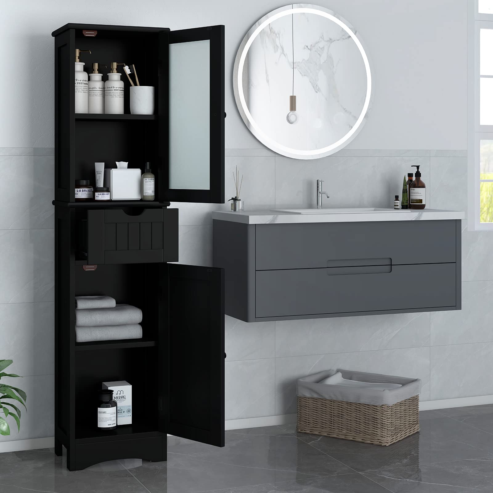 67" Tall Bathroom Storage Cabinet, Black - Tangkula