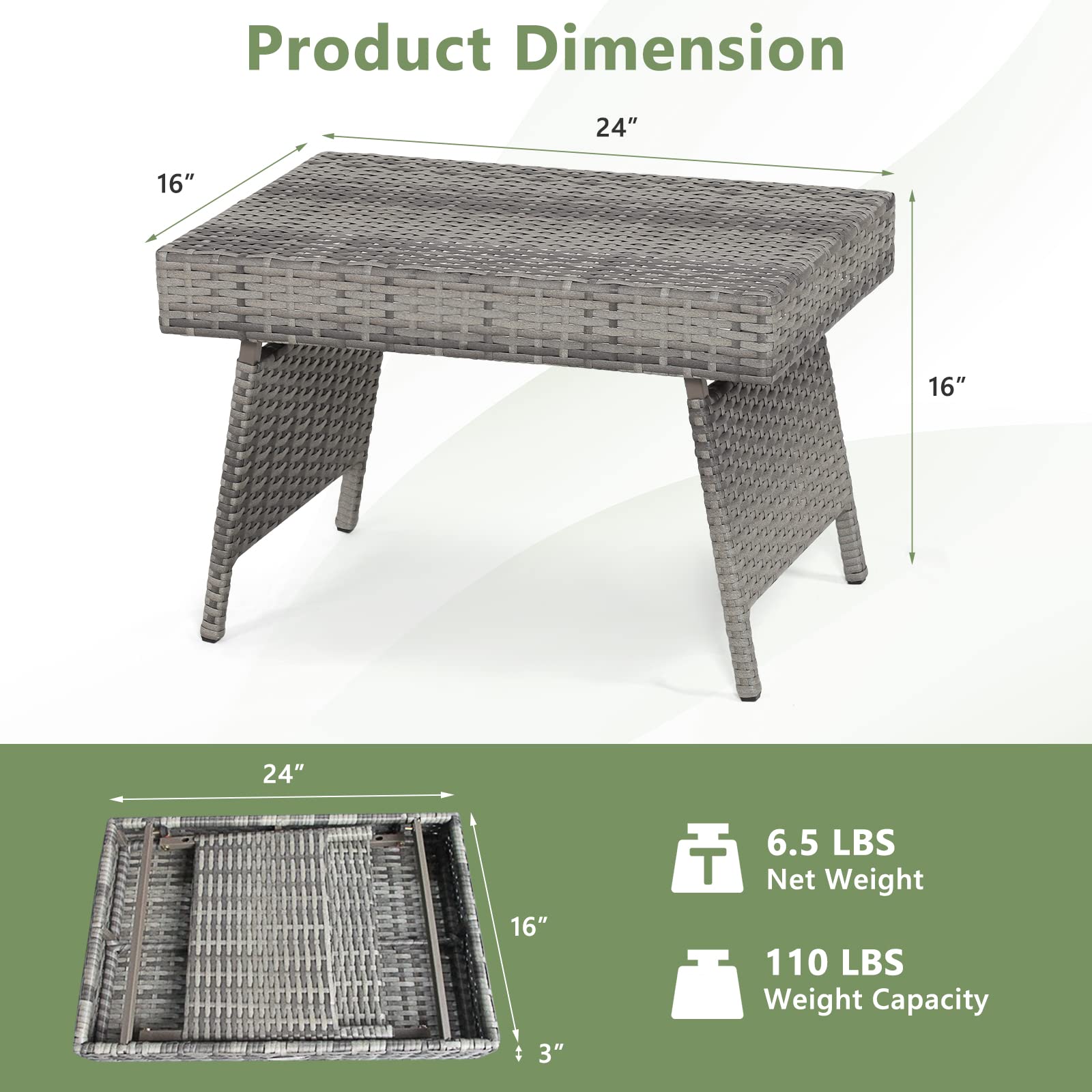 Outdoor Folding Rattan Side Table, Grey - Tangkula