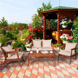 4/8PCS Patio Wood Sofa Set, Outdoor Acacia Wood Seating Chat Set with Cushions & Coffee Table