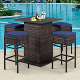 Tangkula 5 Piece Outdoor Rattan Bar Set, Patio Bar Furniture with 4 Cushions Stools and Smooth Top Table