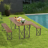 Tangkula 3 Piece Picnic Table Bench Set, Outdoor Acacia Wood Picnic Table with 2 Benches