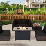 Tangkula 6 Pieces PE Rattan Wicker Sectional Sofa with 42" 60,000 BTU Gas Fire Pit Table