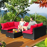 Tangkula 7 Piece Patio Furniture Set, Outdoor Sectional Sofa w/Pillows and Cushions, Wicker Sofa Conversation Set with Coffee Table