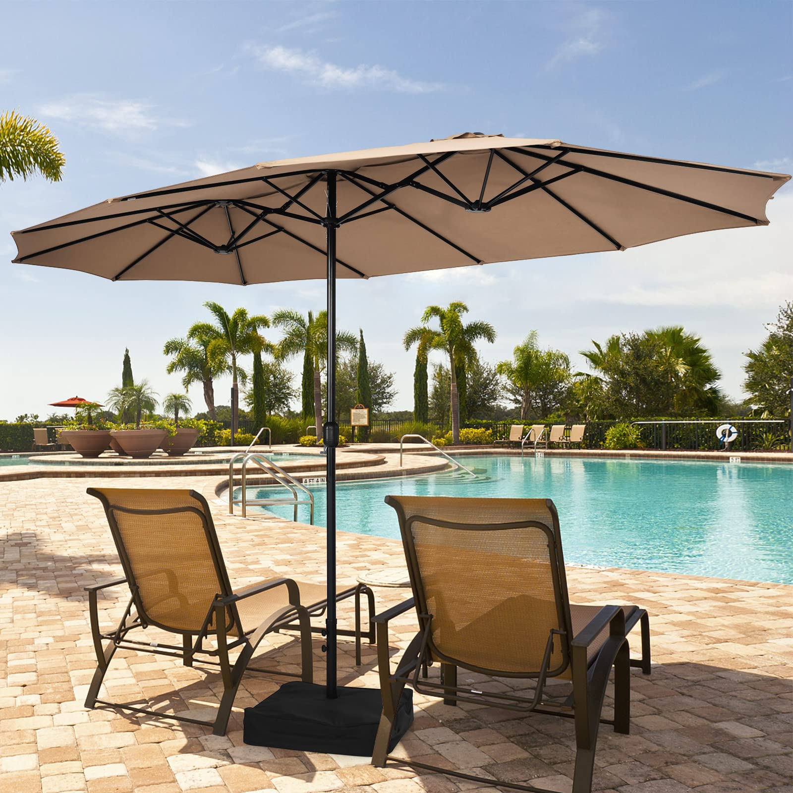 15FT Double-Sided Patio Umbrella with Base, Extra-Large Market Umbrella W/Crank System, Beige