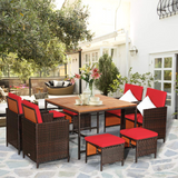 Tangkula 9 Pieces Acacia Wood Patio Dining Set, Space Saving Wicker Chairs and Wood Table with Umbrella Hole Outdoor Furniture Set