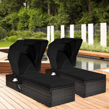 Outdoor Chaise Lounge Chair with Folding Canopy, Adjustable Cushioned Reclining Chair with Flip-up Tea Table