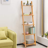 Tangkula Bamboo 5-Tier Ladder Shelf Bookshelf, Wall-Leaning Bookshelf