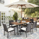 Tangkula 7 Pieces Patio Dining Set, Acacia Wood Wicker Dining Furniture Set with Sturdy Steel Frame & Umbrella Hole
