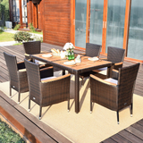 7 PCS Outdoor Patio Dining Set, Garden Dining Set w/Acacia Wood Table Top
