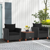 Tangkula 3 Pieces Patio Porch Furniture Set, PE Rattan Wicker Chair Conversation Set with Cushions and Storage Table