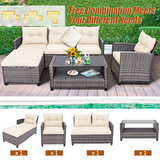 Tangkula 4 Pieces Rattan Conversation Set, Patiojoy Outdoor Furniture Set with Cushions, Lounge Sofa Set with Coffee Table