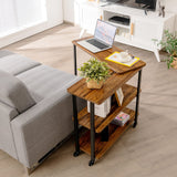 360-Degree Free Rotating Sofa Side Table, Mobile Couch Desk with 2-Tier Storage Shelves