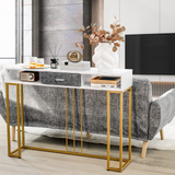 Tangkula Console Table with Drawer, 48" 2-Tier Faux Marble Sofa Table with Golden Steel Frame
