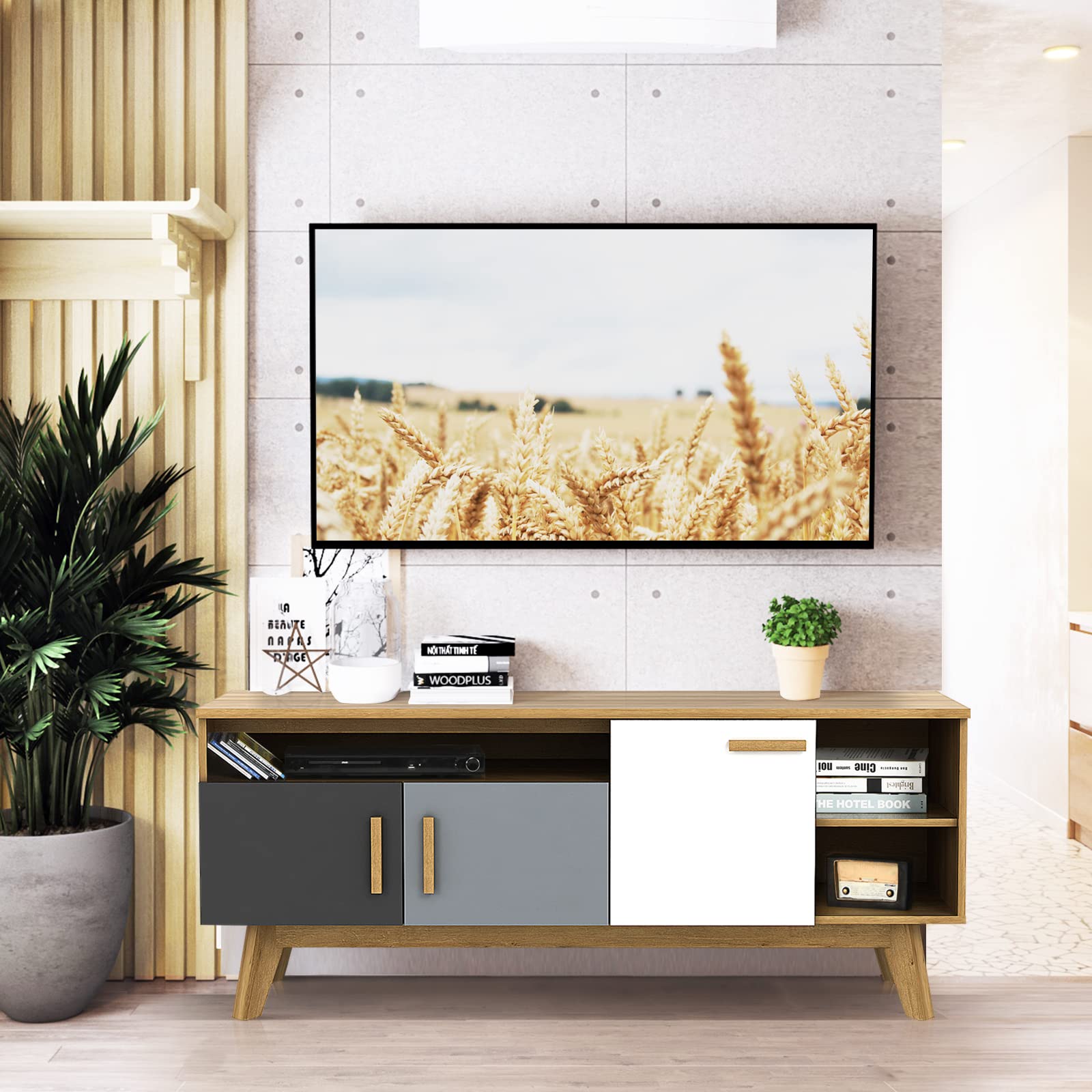 Tangkula Modern TV Stand, Wood TV Console Table for TVs up to 65 ...