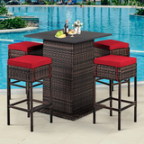 Tangkula 5 Piece Outdoor Rattan Bar Set, Patio Bar Furniture with 4 Cushions Stools and Smooth Top Table