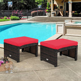 2 Pieces Patio Rattan Ottomans, All Weather Outdoor Footstool Footrest Seat with Soft Cushion