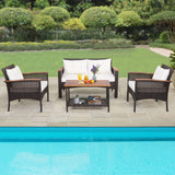 Tangkula 4-Piece Patio Furniture Set, Patiojoy Acacia Wood Outdoor PE Wicker Conversation Set with Cushions (Off White)