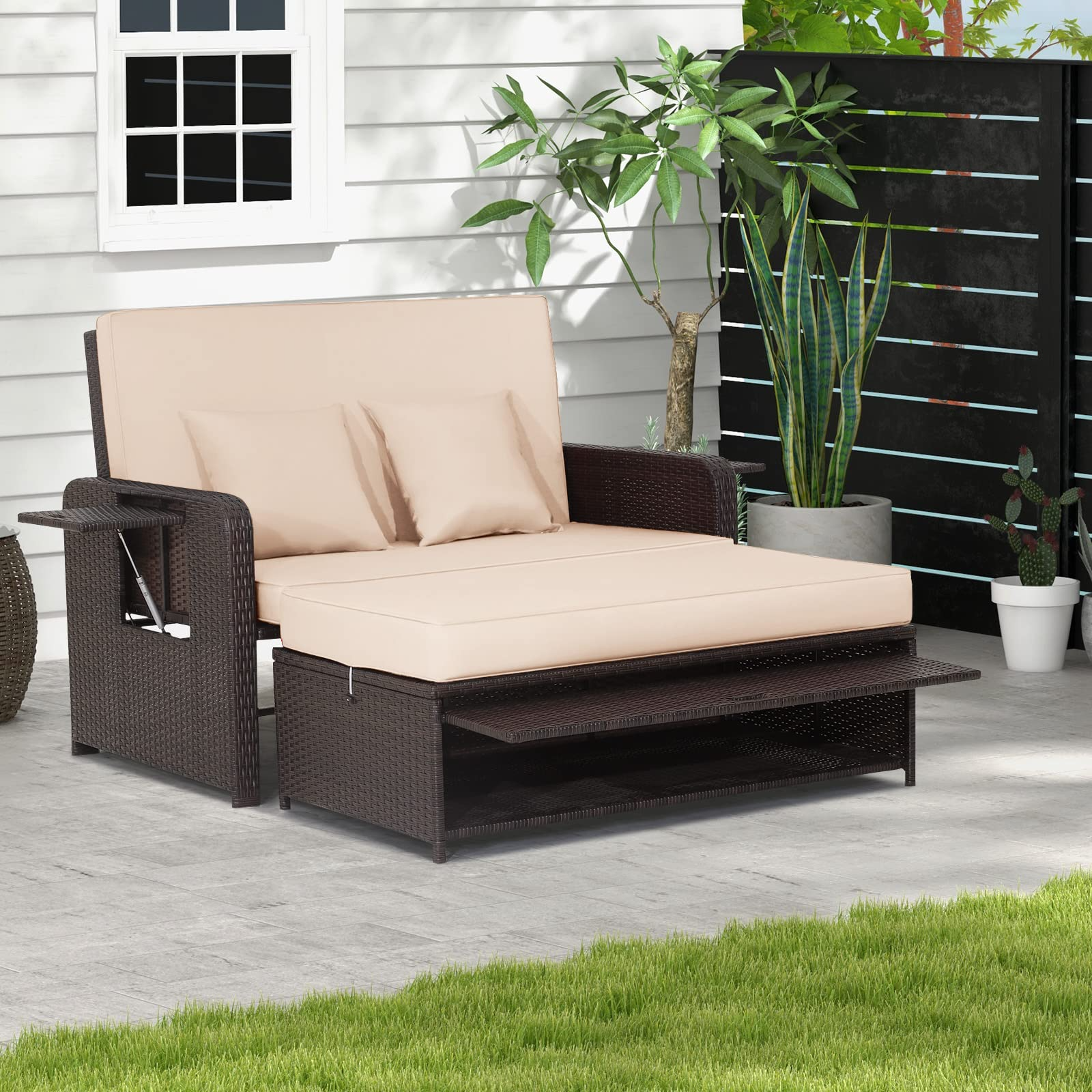 Tangkula Patio Rattan Daybed, Patiojoy Wicker Loveseat Sofa