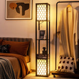 Freestanding Double Lamp w/ 2-Tier Wood Shelf & White Lampshade, E26 Bulb Base, Pull Chain & Foot Switch